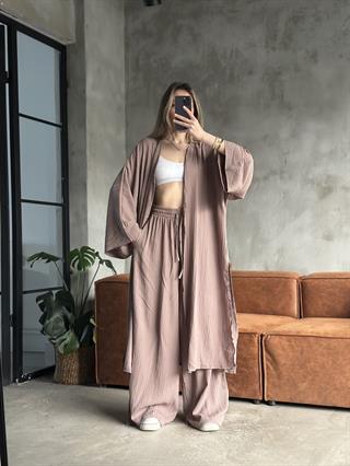Heny Maxi Kimono Gofre Takım - Vizon