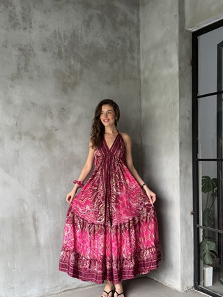 İthal Etnik Desenli Sırt Dekolteli Elbise - Pembe - Dominatrend