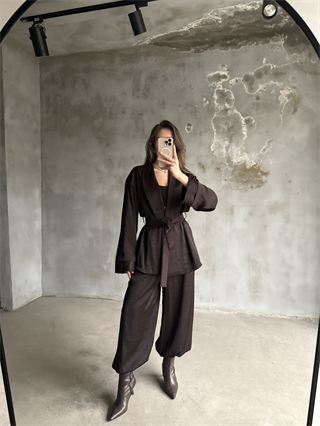Kahve Saten Kimono Şalvar Pantolon İkili Takım