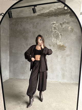 Kahve Saten Kimono Şalvar Pantolon İkili Takım