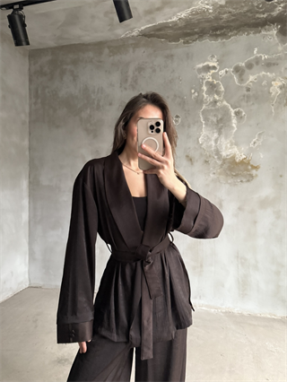 Kahve Saten Kimono Şalvar Pantolon İkili Takım