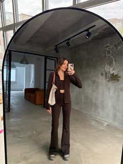Kahverengi Bralet Tayt Ceket Takım