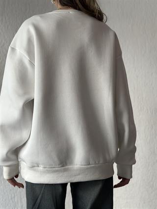 Kalp Nakışlı Oversize Sweatshirt- Beyaz