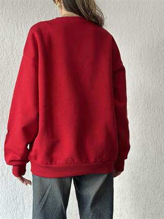 Kalp Nakışlı Oversize Sweatshirt - Kırmızı