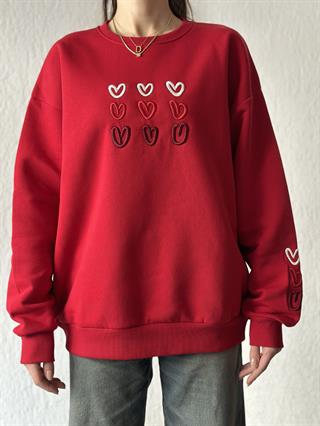 Kalp Nakışlı Oversize Sweatshirt - Kırmızı