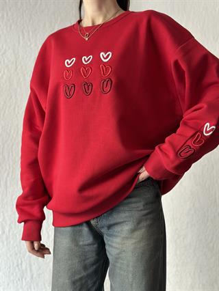 Kalp Nakışlı Oversize Sweatshirt - Kırmızı