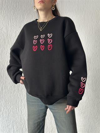 Kalp Nakışlı Oversize Sweatshirt- Siyah