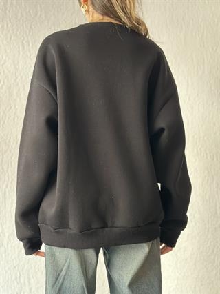 Kalp Nakışlı Oversize Sweatshirt- Siyah