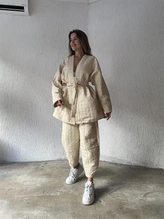 Kapitone Kimonolu İkili Takım - Bej