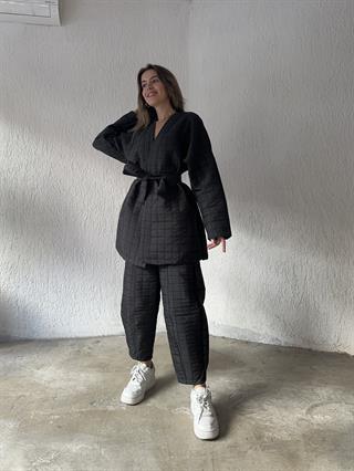 Kapitone Kimonolu İkili Takım - Siyah
