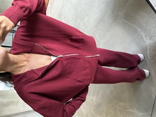 Kapüşonlu Oversize Hırkalı Triko Takım - Mürdüm