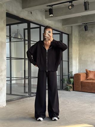Kapüşonlu Oversize Hırkalı Triko Takım - Siyah