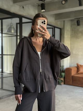 Kapüşonlu Oversize Hırkalı Triko Takım - Antrasit