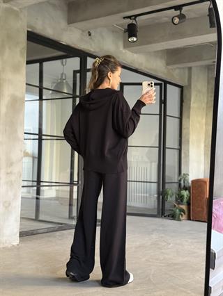 Kapüşonlu Oversize Hırkalı Triko Takım - Siyah
