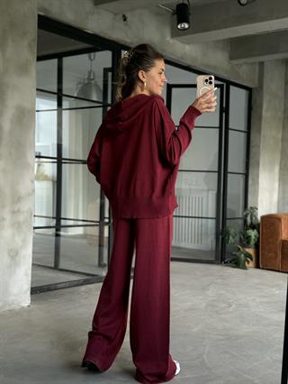 Kapüşonlu Oversize Hırkalı Triko Takım - Mürdüm