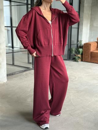 Kapüşonlu Oversize Hırkalı Triko Takım - Mürdüm