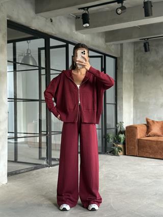 Kapüşonlu Oversize Hırkalı Triko Takım - Mürdüm