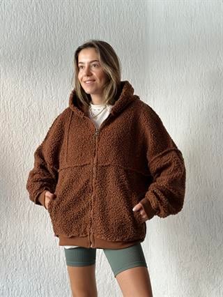 Kapüşonlu Oversize Peluş Ceket - Kahverengi