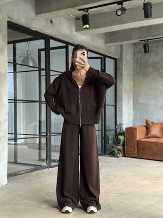 Kapüşonlu Oversize Triko Takım - Kahverengi