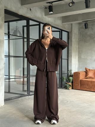 Kapüşonlu Oversize Triko Takım - Kahverengi