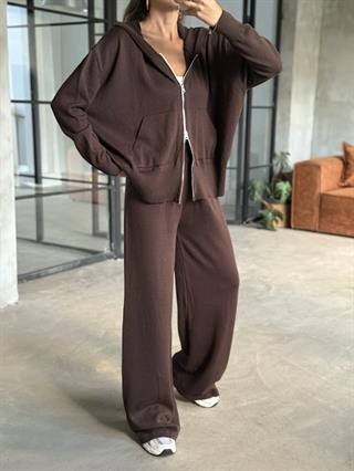 Kapüşonlu Oversize Triko Takım - Kahverengi