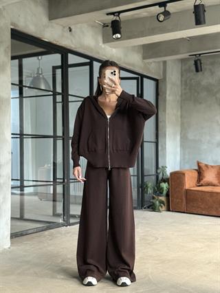 Kapüşonlu Oversize Triko Takım - Kahverengi