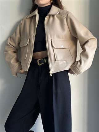 Kaşe Crop Ceket - Bej