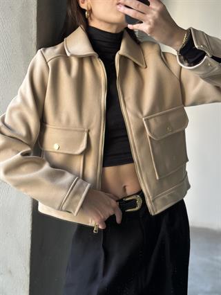 Kaşe Crop Ceket - Bej