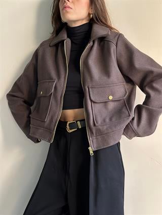 Kaşe Crop Ceket - Kahverengi