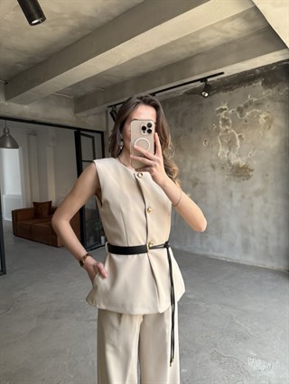 Kemerli Yelek Pantolon Takım - Krem