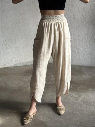 Keten Astarlı Kargo Cep Pantolon - Bej