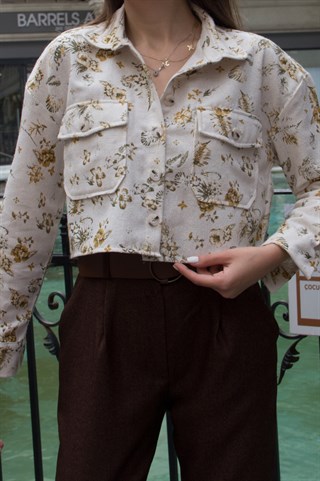 Keten Çiçek Desenli Crop Gömlek - Krem