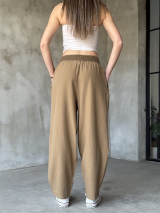 Keten Detay Şalvar Pantolon - Camel