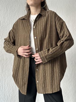 Keten Dik Çizgili Oversize Gömlek - Kahverengi
