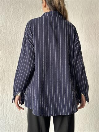 Keten Dik Çizgili Oversize Gömlek - Lacivert