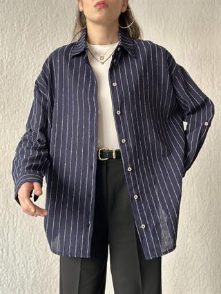 Keten Dik Çizgili Oversize Gömlek - Lacivert
