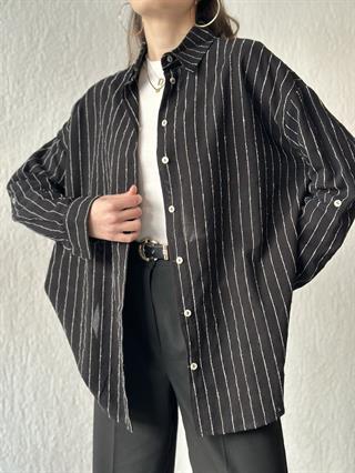 Keten Dik Çizgili Oversize Gömlek - Siyah