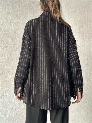 Keten Dik Çizgili Oversize Gömlek - Siyah