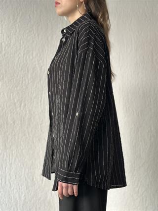 Keten Dik Çizgili Oversize Gömlek - Siyah