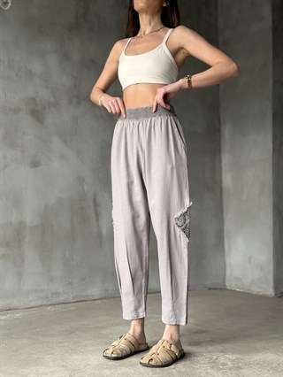 Keten Güpür Detay Pantolon - Gri