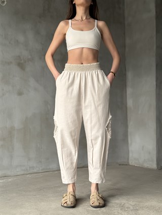 Keten Güpür Detay Pantolon - Krem
