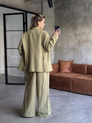 Keten Karışımlı Blazer Ceket Palazzo Pantolon Takım - Yeşil