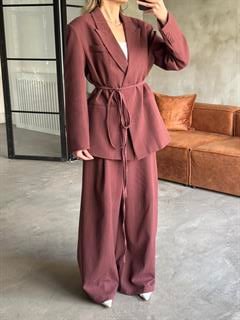 Keten Karışımlı Blazer Ceket Palazzo Pantolon Takım - Mürdüm