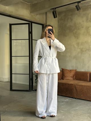 Keten Karışımlı Blazer Ceket Palazzo Pantolon Takım - Beyaz