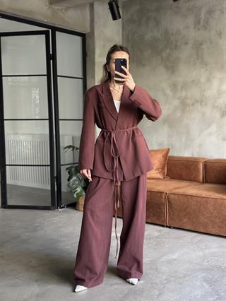 Keten Karışımlı Blazer Ceket Palazzo Pantolon Takım - Mürdüm
