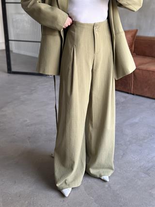 Keten Karışımlı Blazer Ceket Palazzo Pantolon Takım - Yeşil