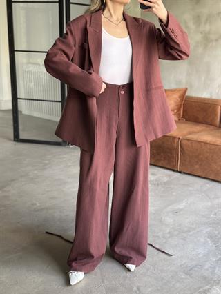 Keten Karışımlı Blazer Ceket Palazzo Pantolon Takım - Mürdüm