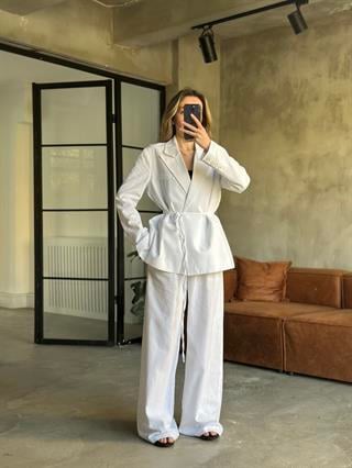 Keten Karışımlı Blazer Ceket Palazzo Pantolon Takım - Beyaz