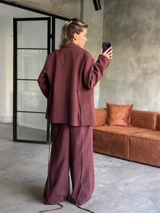 Keten Karışımlı Blazer Ceket Palazzo Pantolon Takım - Mürdüm