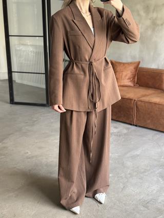 Keten Karışımlı Blazer Ceket Palazzo Pantolon Takım - Kahverengi